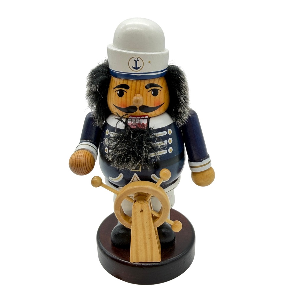 Vintage Style Wooden Sailor Nutcracker Captain Nautical Ship Wheel Navy Blue